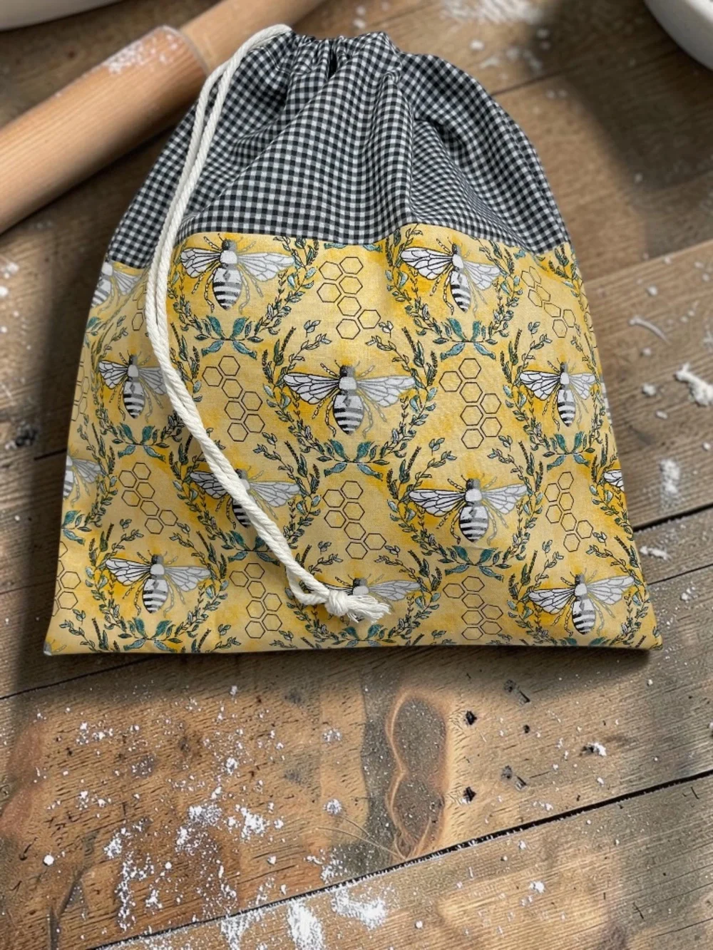 Yellow Bumblebee Bread Bag, Black White Checkered Cotton Bread Bag, Reusable Bag
